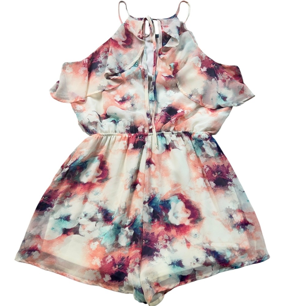 Peach Love California Watercolor Floral Cold Shoulder Romper Peach Teal Small - Picture 6 of 10